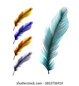 Feather Pen Vintage Writer Accessory Set Vector. Retro Bird Feather Collection In Different Color. Quill Stationery Tool For Writing Letter Message With Ink Template Realistic 3d Illustration