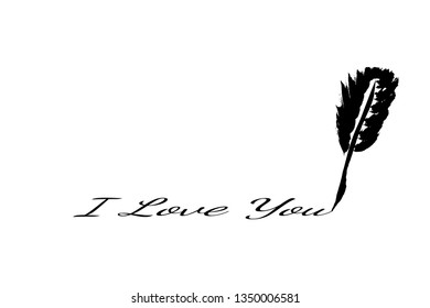 Feather pen writing calligraphy font - i love you. Literature retro wing sign with wedding text.