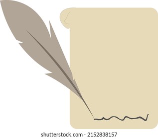 Feather pen writing and empty paper vector illustration isolated on white background. Old fashioned blank parchment paper for edicts and decrees in medieval age concept.