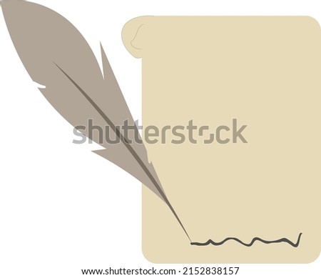 Feather pen writing and empty paper vector illustration isolated on white background. Old fashioned blank parchment paper for edicts and decrees in medieval age concept.