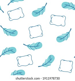 Feather and pillow seamless pattern. Cozy sleep and dream vector illustration. Baby, child modern stylish collection on white background