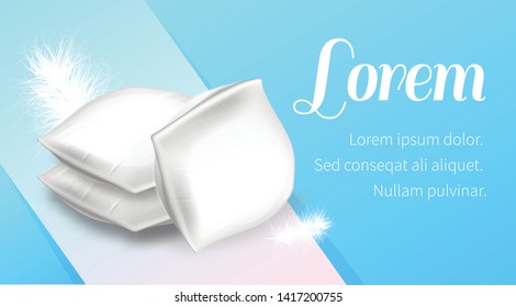 Feather Pillows 3d Image. Cotton Surface. Orthopedic Pillow. Healthy Sleep. Blue Background and Text. Sweet Dreams. Advertising Image. Anatomical Form. Healty Lifestyle. Vector Illustration.