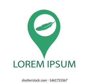 Feather Pin Logo Design. Feather inside location pin icon. Feather pin map icon. 