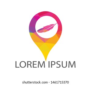 Feather Pin Logo Design. Feather inside location pin icon. Feather pin map icon. 