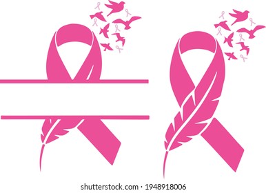 Feather Pink Ribbon Breast cancer  Ribbon Feather and Bird. Breast cancer awareness for shirt Ribbon