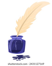 Pluma de plumas para la inmersión en tinta. Instrumento de escritura. Día mundial de la poesía. Ilustración vectorial plana aislada sobre fondo blanco