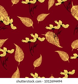 Feather and poppy flower, hand drawn sketch flower. floral pattern in vector. fabric