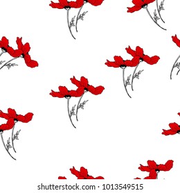 Feather and poppy flower, hand drawn sketch flower. floral pattern in vector. fabric