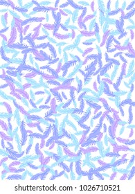 Feather print pattern vector in blue and white. Cool minimalist background with plumelet. Editable backdrop with flying feather elements. Cute vector design, card template.