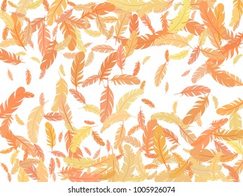 Feather print pattern vector. Simple minimalist background with plumelet. Editable backdrop with flying feather elements. Cute vector design, card template.