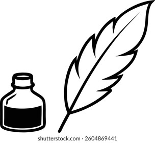 feather quill and in -bottle in line art vector illustration