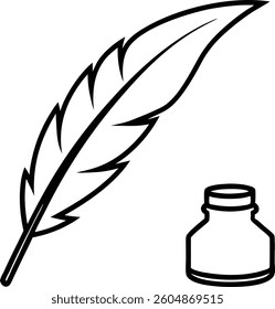 feather quill and in -bottle in line art vector