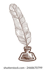 Feather quill in glass inkwell. Antique pen and bottle of ink for writing. Hand drawn sketch vintage vector illustration