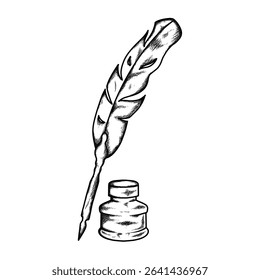 feather quill illustration hand draw style in vintage engraved sketch outline style.