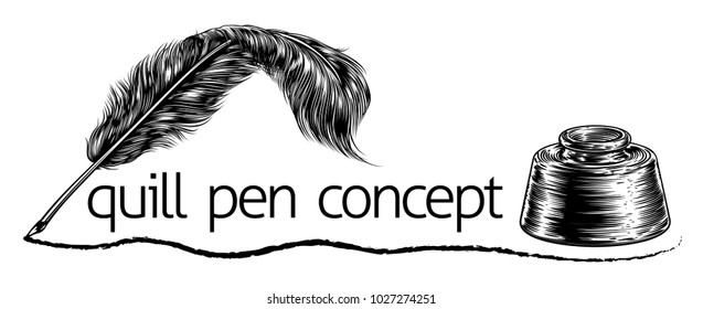 A feather quill ink writing pen and inkwell concept in a vintage retro woodcut or woodblock line art drawing style