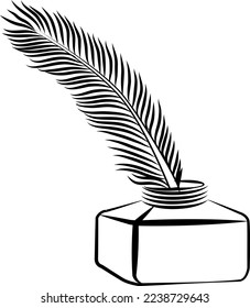 A feather quill ink writing pen and inkwell in a doodle style woodblock line art vector illustrator drawing 