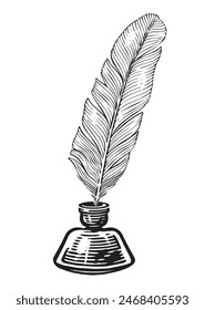 Feather quill in inkwell. Vintage pen and glass bottle of ink for writing. Hand drawn clipart drawing