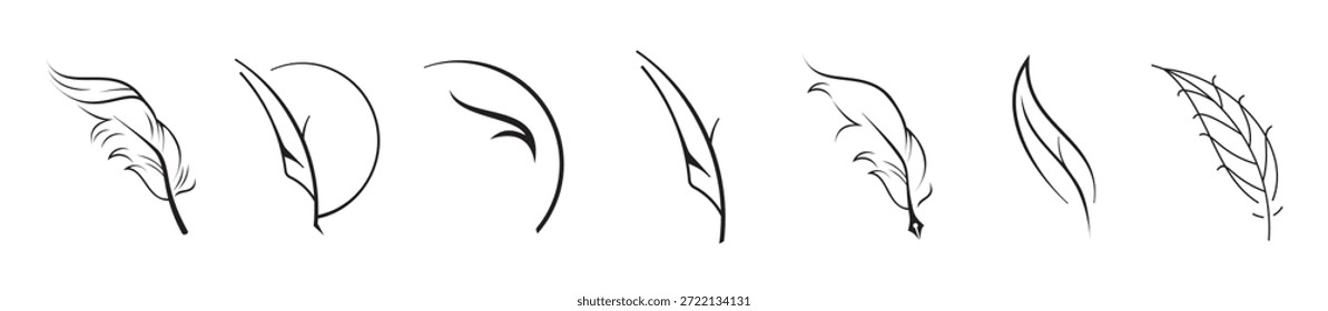 Feather and quill outline icon set with writing pen symbols for literature calligraphy education and creative design, vector illustration.