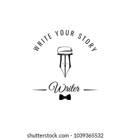 Feather quill pen flat icon. Writer logo with bow tir. Write your story lettering. Vector illustration isolated on white background.