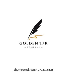 feather quill pen golden ink logo , vintage Fountain pen logo with gold ink icon, luxury elegant classic stationery illustration isolated on white background