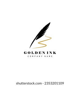feather quill pen golden ink logo, vintage Fountain pen logo with gold ink icon, luxury elegant classic stationery illustration isolated on white background