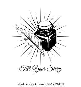 feather quill pen and ink well. vector illustration isolated