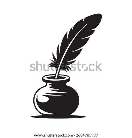 Feather quill pen with inkpot flat icon for apps and websites, Vector black silhouette. with white background
