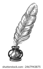 Feather quill pen in inkwell. Vintage old pen in ink bottle, in inkpot. Hand drawn sketch vector drawing