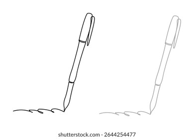 Feather quill pen in inkwell. Vintage old pen in ink bottle, in inkpot. Hand drawn sketch vector drawing cartoon ink feathersign symbol on gray, black a white background