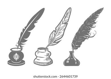 Feather quill pen in inkwell. Vintage old pen in ink bottle, in inkpot. Hand drawn sketch vector drawing cartoon ink feathersign symbol on gray a white background