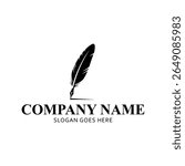 Feather quill pen logo with black ink stroke, classic stationery illustration isolated on white background