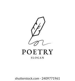 feather quill pen logo with black ink stroke, scratch icon, classic stationery illustration flat style