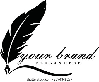 feather quill pen logo with black ink stroke, scratch icon, classic stationery illustration isolated on white background