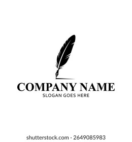 Logotipo de pena de pena de pena com traço de tinta preta, ilustração de papelaria clássica isolada no fundo branco