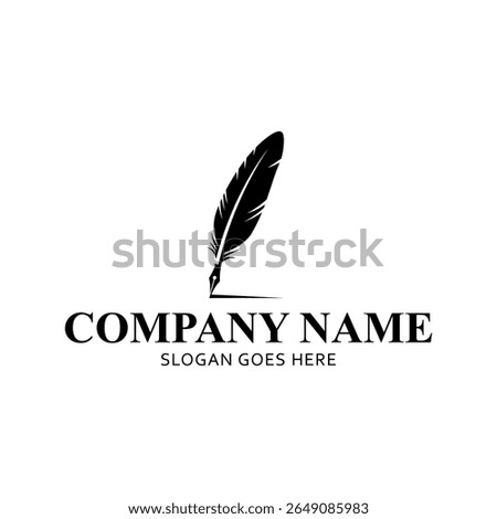 Feather quill pen logo with black ink stroke, classic stationery illustration isolated on white background