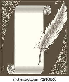 Feather quill pen and scroll