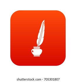 Feather quill pen standing in the bottle of ink icon digital red for any design isolated on white vector illustration