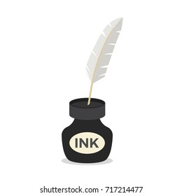 Feather quill pen standing in the bottle of ink icon. Flat illustration of feather quill pen standing in the bottle of ink vector