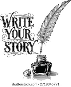 Feather quill pen escreva sua ilustração vetor história para autores e inspiração de escrita criativa
