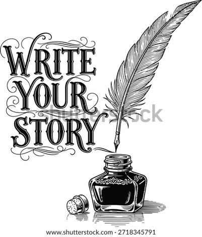 Feather quill pen write your story vector illustration for authors and creative writing inspiration