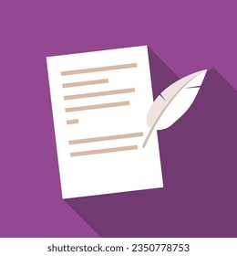 Feather quill pen writing on a letter flat icon with long shadow. Simple Literature icon pictogram vector illustration. Writing, letter, poetry, document, certificate, authorship, literature concept