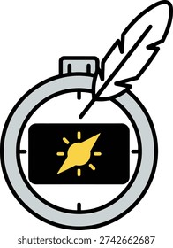Feather quill resting on a compass, symbolizing exploration, creativity, and direction for writing or journeys. Minimalist vector art.