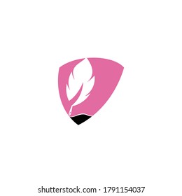 Feather Quill shield shape concept symbol vector design. Education and publication logo concept.