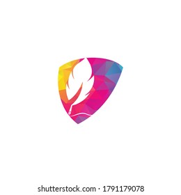 Feather Quill shield shape concept symbol vector design. Education and publication logo concept.
