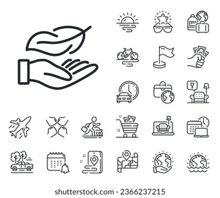 Feather quill sign. Plane jet, travel map and baggage claim outline icons. Lightweight line icon. Light nib symbol. Lightweight line sign. Car rental, taxi transport icon. Place location. Vector