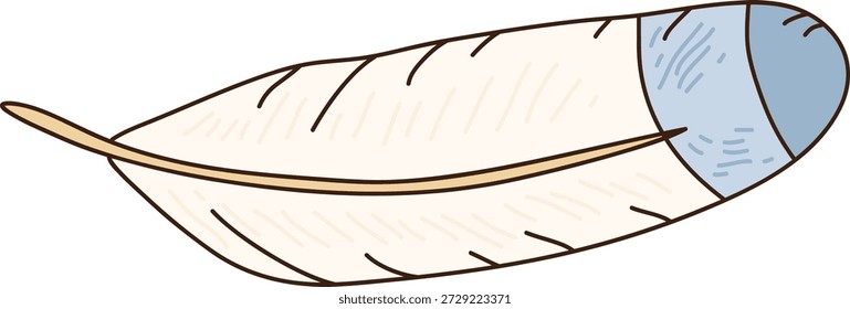 Pena com pena e farpas macias desenhadas em contorno limpo, mostrado em vista lateral com curva suave. Símbolo de leveza, liberdade e suavidade, evocando facilidade e pureza. Ilustração de vetor de desenhos animados.