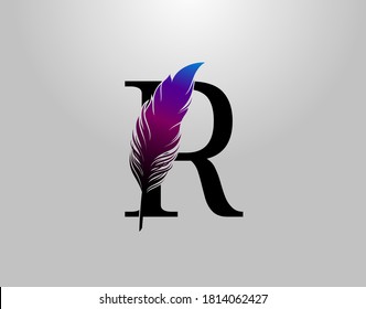 Feather R Letter Brand Logo icon, vector design concept feather with letter for initial luxury business, firm, law service, boutique and more brand identity.