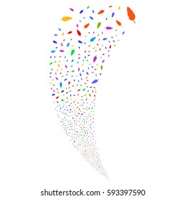 Feather random fireworks stream. Vector illustration style is flat bright multicolored iconic symbols on a white background. Object fountain combined from scattered pictographs.