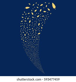 Feather random fireworks stream. Vector illustration style is flat yellow iconic symbols on a blue background. Object fountain made from scattered icons.