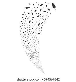 Feather random fireworks stream. Vector illustration style is flat gray iconic symbols on a white background. Object fountain combined from scattered symbols.